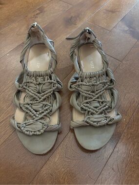 Nine West Braided Strappy Wedge Leather Sandals in Taupe